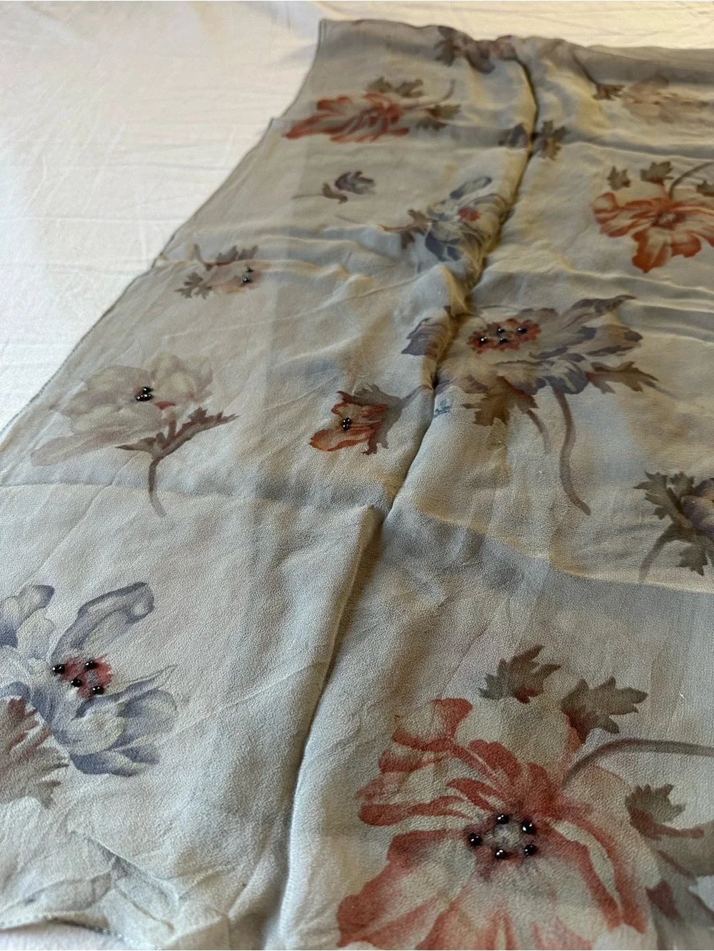 Ralph Lauren Floral Sheer Silk Scarf in Light Gray with Soft Pink Blooms